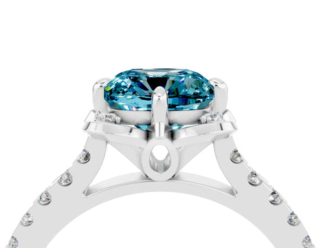 White gold Cushion Cut Blue Topaz Ring with Pavé Band and Floral Prong Setting_4