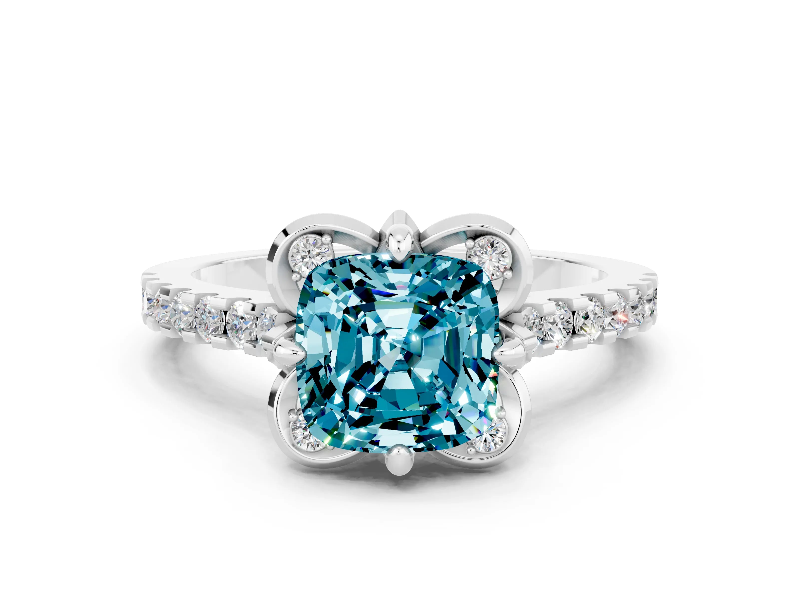 White gold Cushion Cut Blue Topaz Ring with Pavé Band and Floral Prong Setting