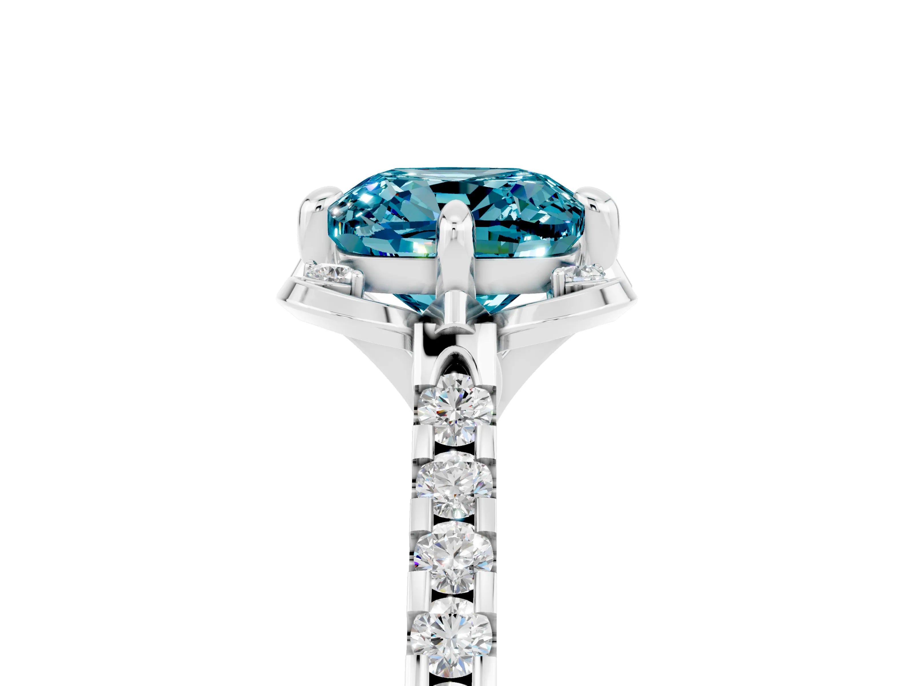 White gold Cushion Cut Blue Topaz Ring with Pavé Band and Floral Prong Setting_5