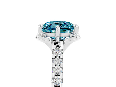 White gold Cushion Cut Blue Topaz Ring with Pavé Band and Floral Prong Setting_5