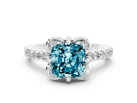 White gold Cushion Cut Blue Topaz Ring with Pavé Band and Floral Prong Setting