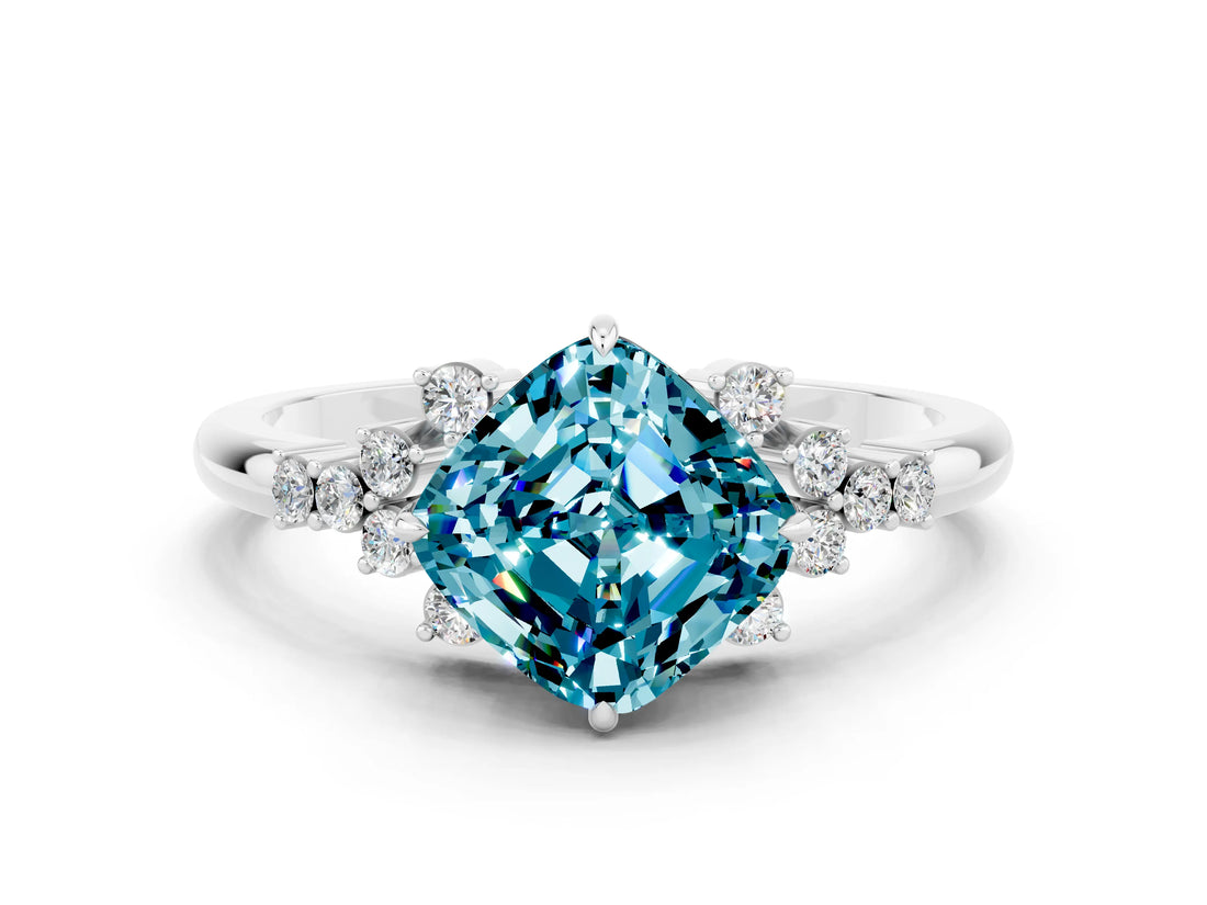 White gold Cushion Cut Blue Topaz Ring with Side Stones and Four-Prong Setting_36