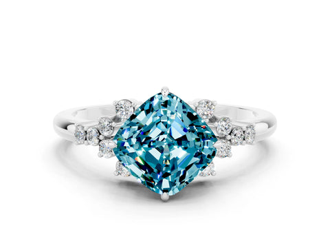 White gold Cushion Cut Blue Topaz Ring with Side Stones and Four-Prong Setting_36
