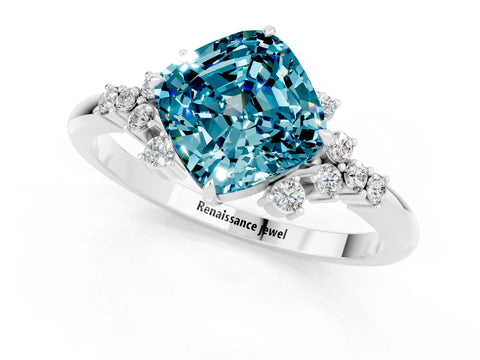 White gold Cushion Cut Blue Topaz Ring with Side Stones and Four-Prong Setting_37