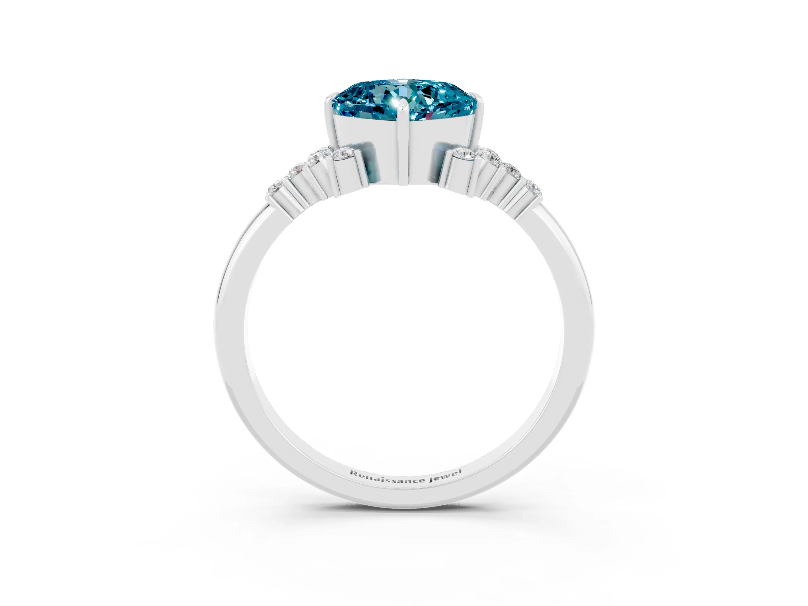 White gold Cushion Cut Blue Topaz Ring with Side Stones and Four-Prong Setting_39