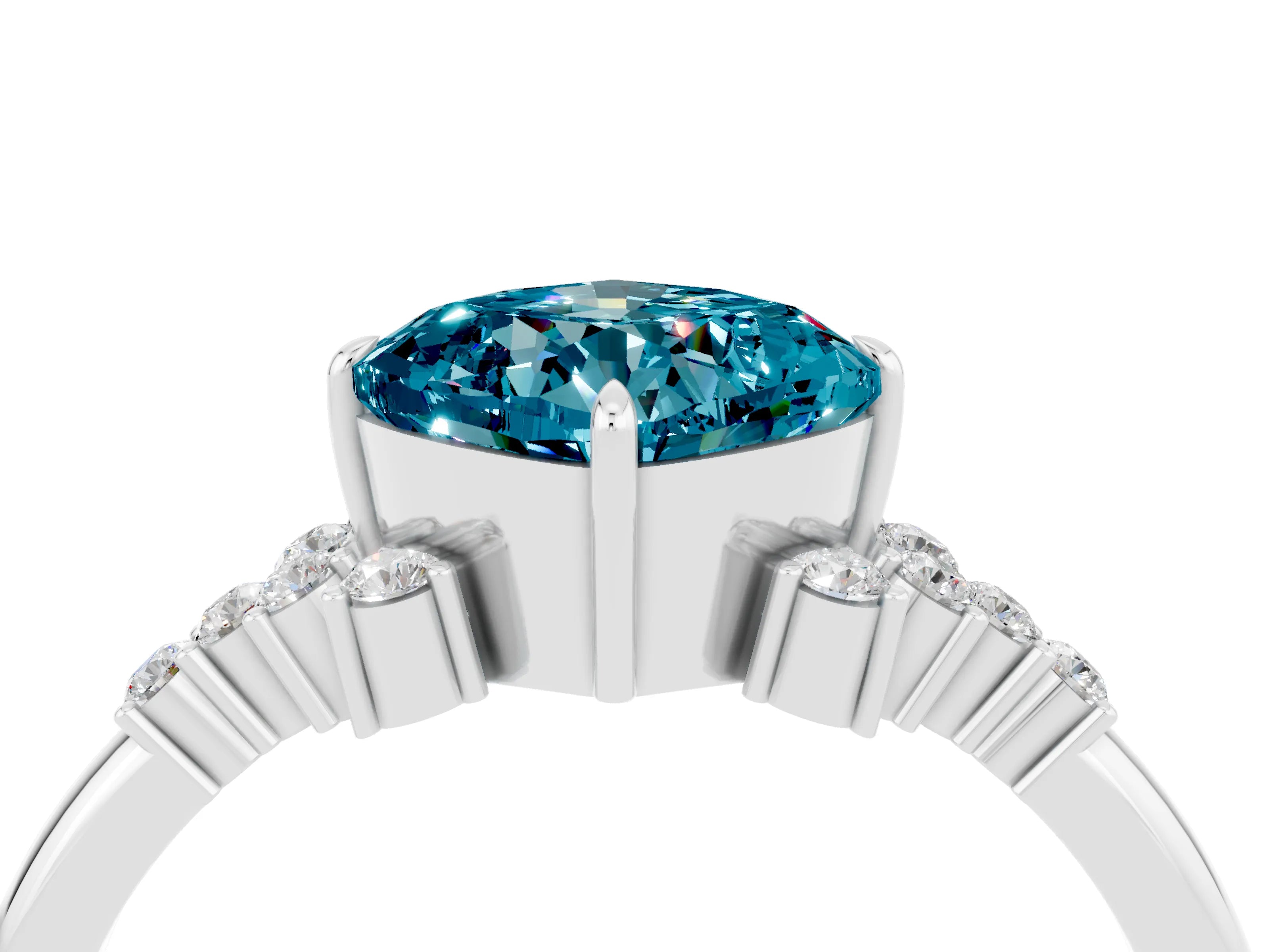 White gold Cushion Cut Blue Topaz Ring with Side Stones and Four-Prong Setting_40