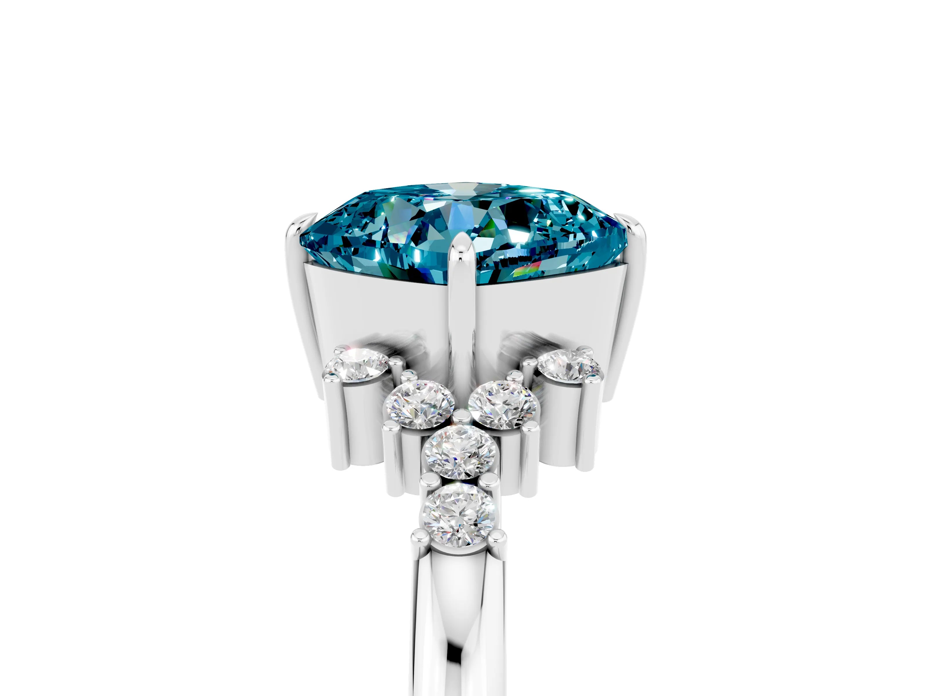 White gold Cushion Cut Blue Topaz Ring with Side Stones and Four-Prong Setting_41
