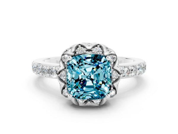 Platinum Cushion Cut Blue Topaz Scalloped Halo Engagement Ring with Round Shared Prong Band