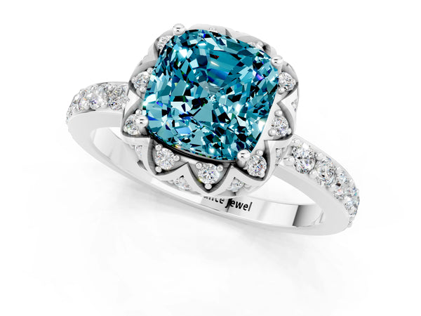 Platinum Cushion Cut Blue Topaz Scalloped Halo Engagement Ring with Round Shared Prong Band