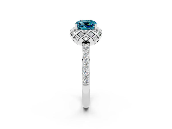Silver Cushion Cut Blue Topaz Scalloped Halo Engagement Ring with Round Shared Prong Band