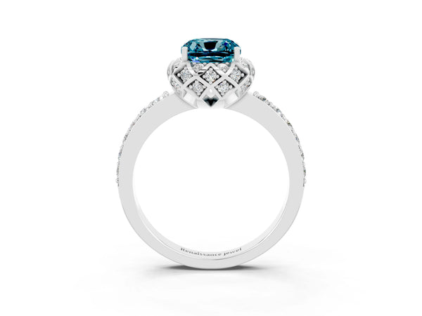 Platinum Cushion Cut Blue Topaz Scalloped Halo Engagement Ring with Round Shared Prong Band