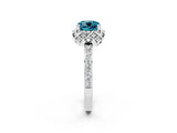 White gold Cushion Cut Blue Topaz Scalloped Halo Engagement Ring with Round Shared Prong Band_26
