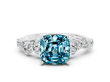 White gold Cushion Cut Blue Topaz Scattered Round Accent Ring with Prong Setting_36