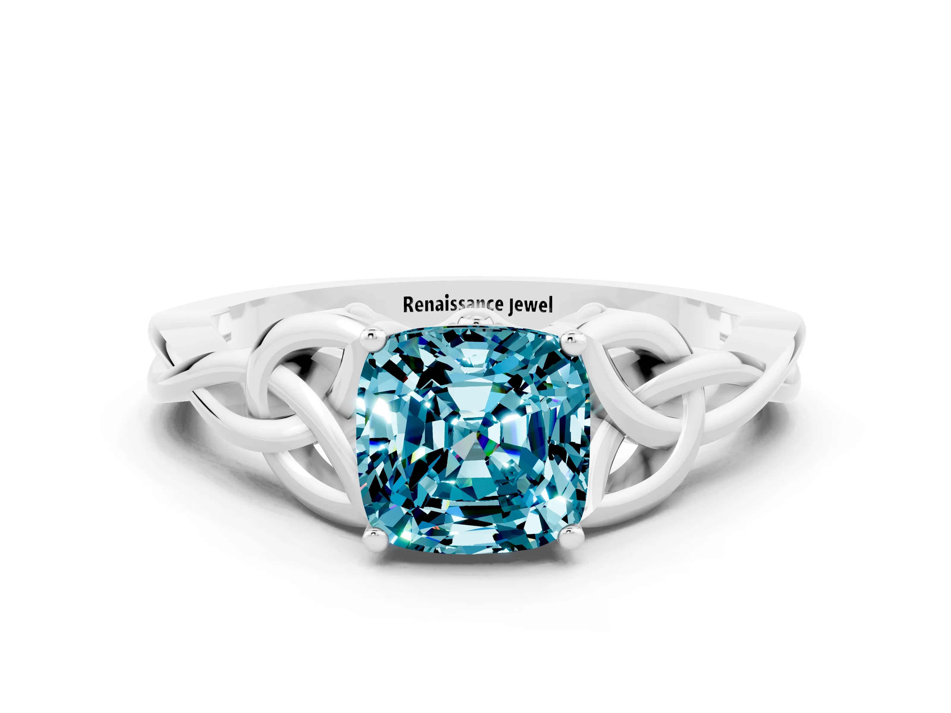 White gold Cushion Cut Blue Topaz Solitaire Celtic Knot Ring with Four-Prong Setting_12