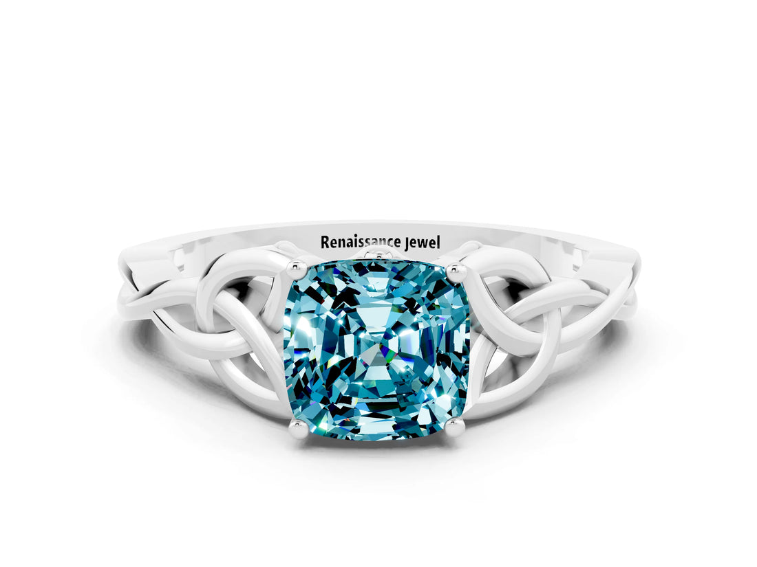 White gold Cushion Cut Blue Topaz Solitaire Celtic Knot Ring with Four-Prong Setting_12