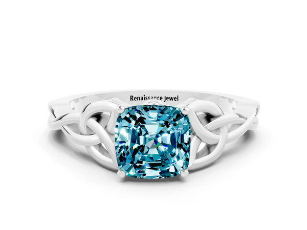 White gold Cushion Cut Blue Topaz Solitaire Celtic Knot Ring with Four-Prong Setting