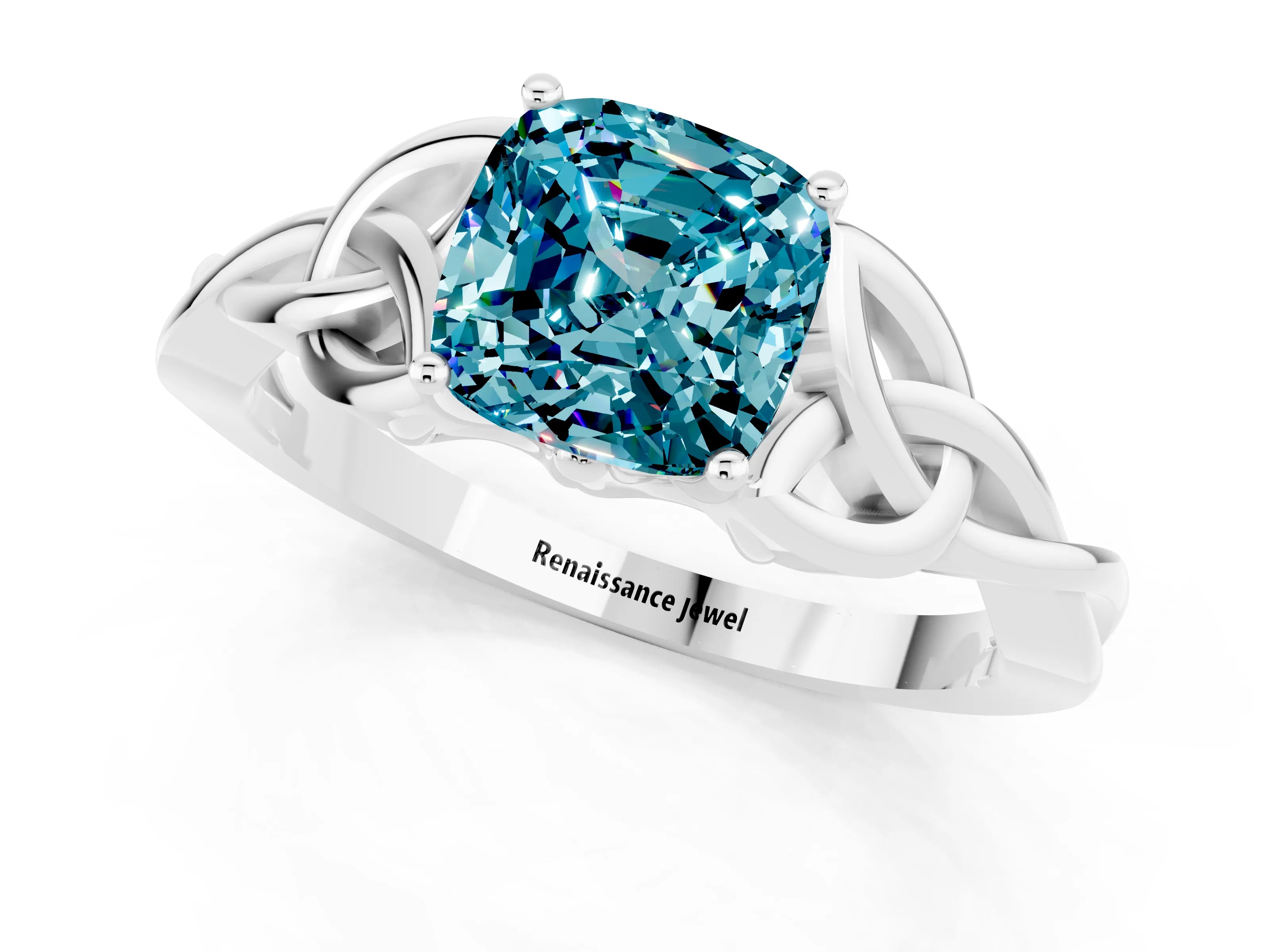 White gold Cushion Cut Blue Topaz Solitaire Celtic Knot Ring with Four-Prong Setting_13