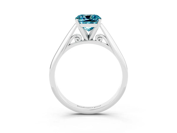 White gold Cushion Cut Blue Topaz Solitaire Engagement Ring with Cathedral Setting and Four-Prong Mount