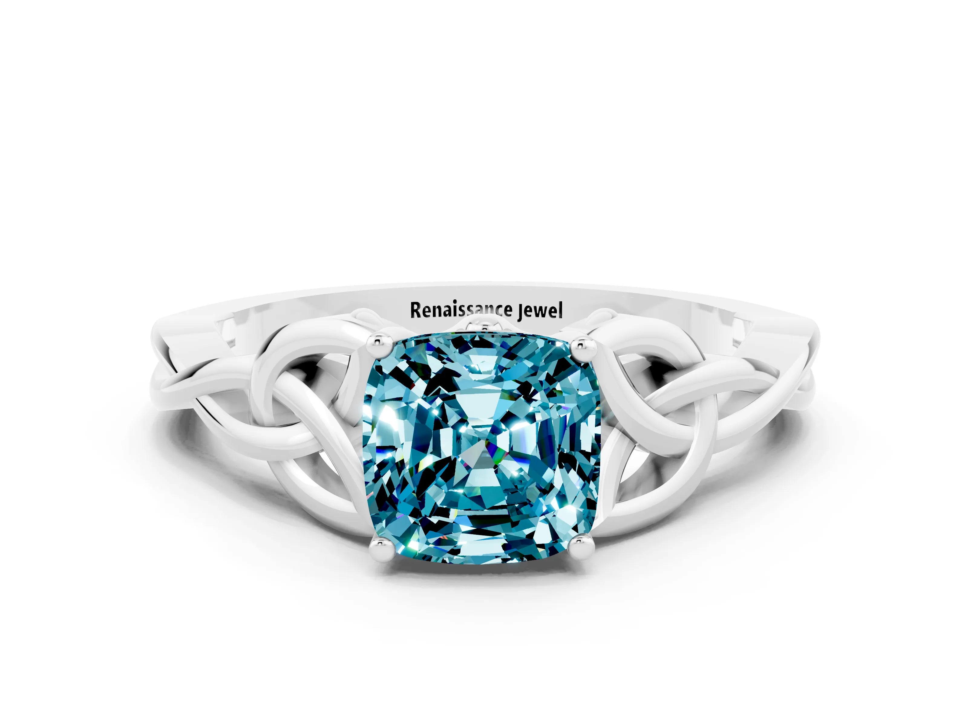 White gold Cushion Cut Blue Topaz Solitaire Engagement Ring with Celtic Knot Band and Four-Prong Setting