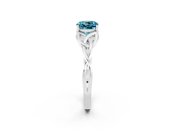 White gold Cushion Cut Blue Topaz Solitaire Engagement Ring with Celtic Knot Band and Four-Prong Setting