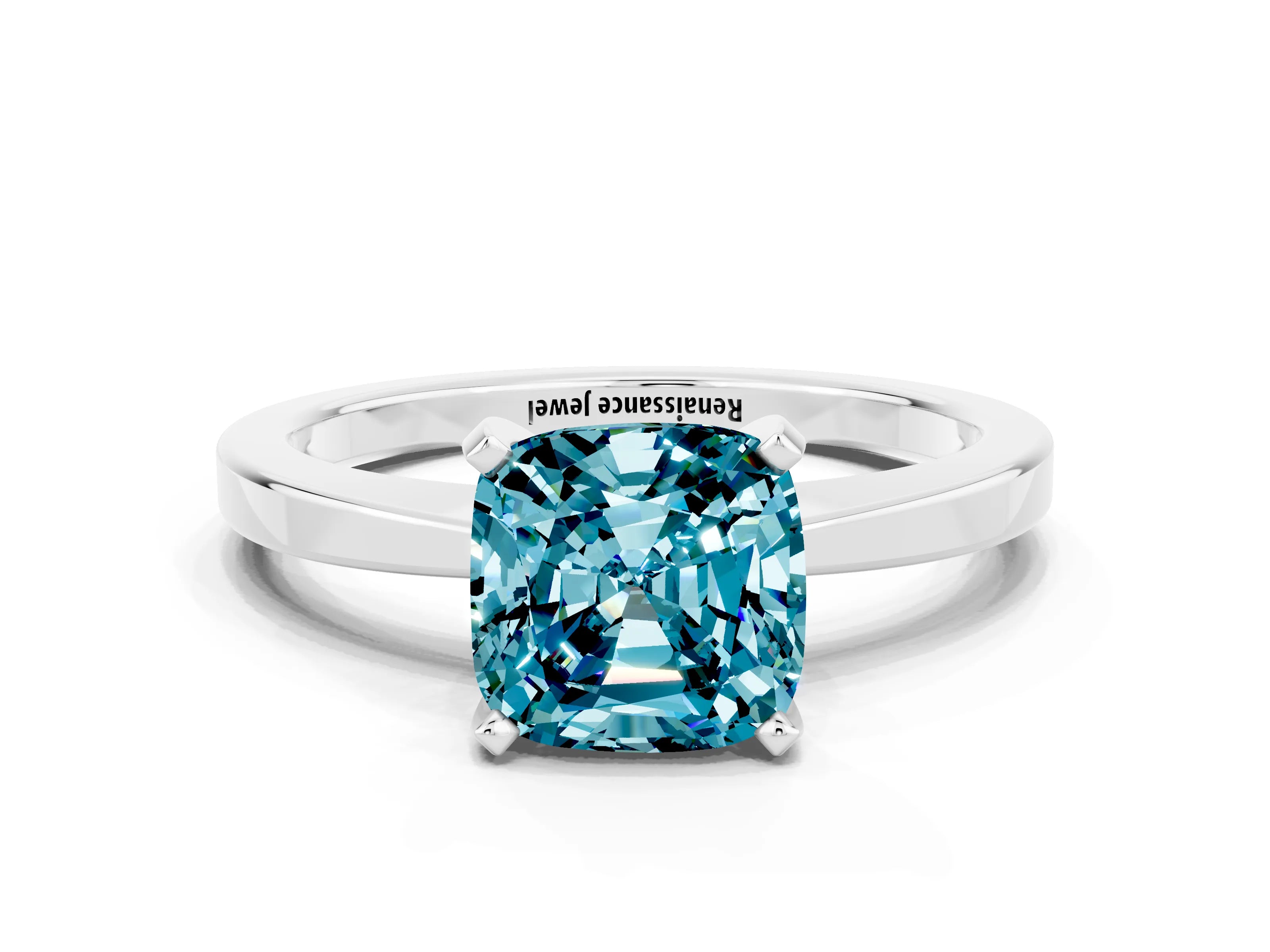 White gold Cushion Cut Blue Topaz Solitaire Engagement Ring with Classic Band and Four-Prong Setting_36