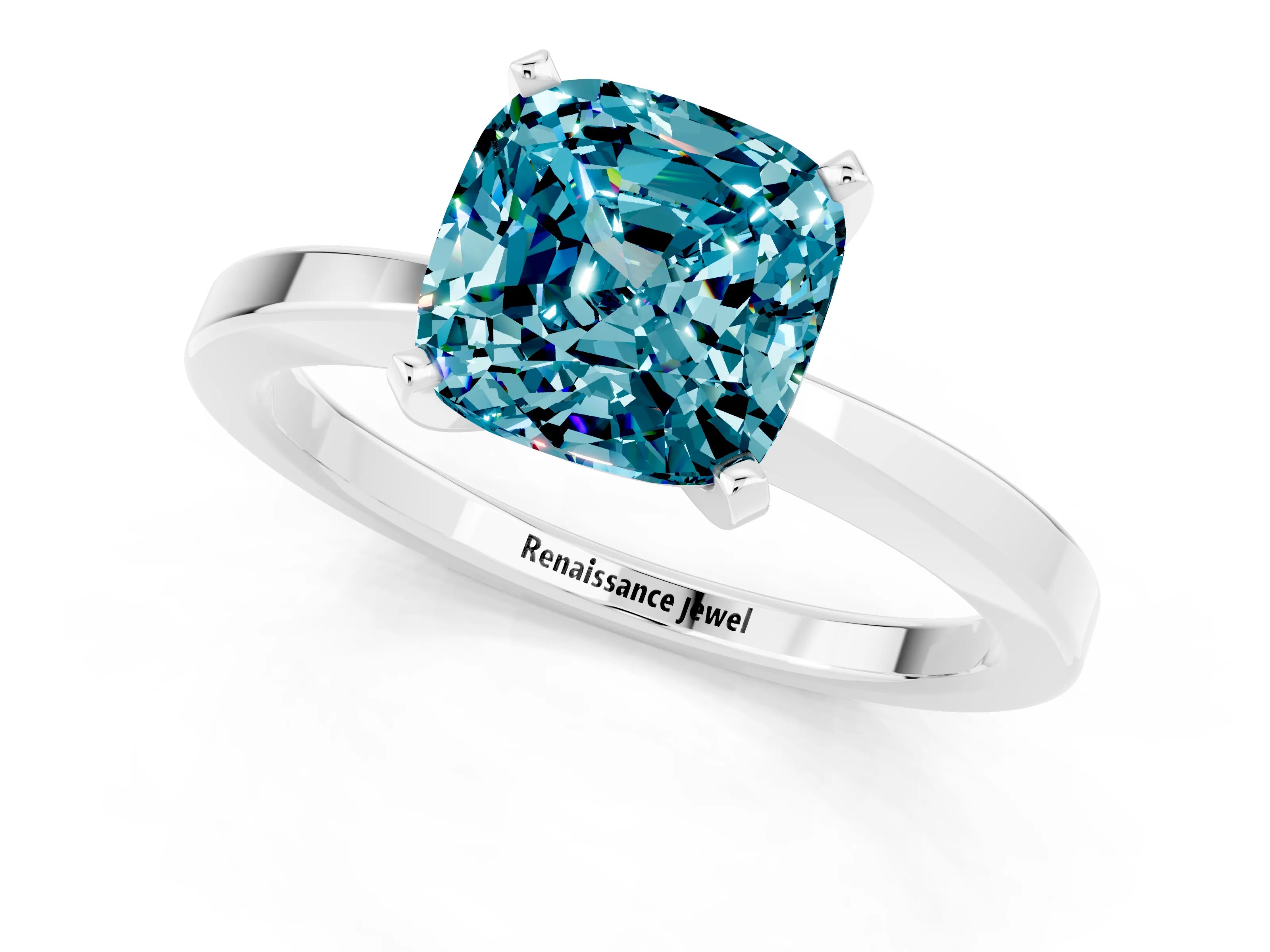 White gold Cushion Cut Blue Topaz Solitaire Engagement Ring with Classic Band and Four-Prong Setting_37