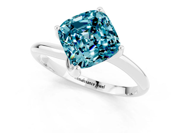 White gold Cushion Cut Blue Topaz Solitaire Engagement Ring with Four-Prong Setting and Classic Band