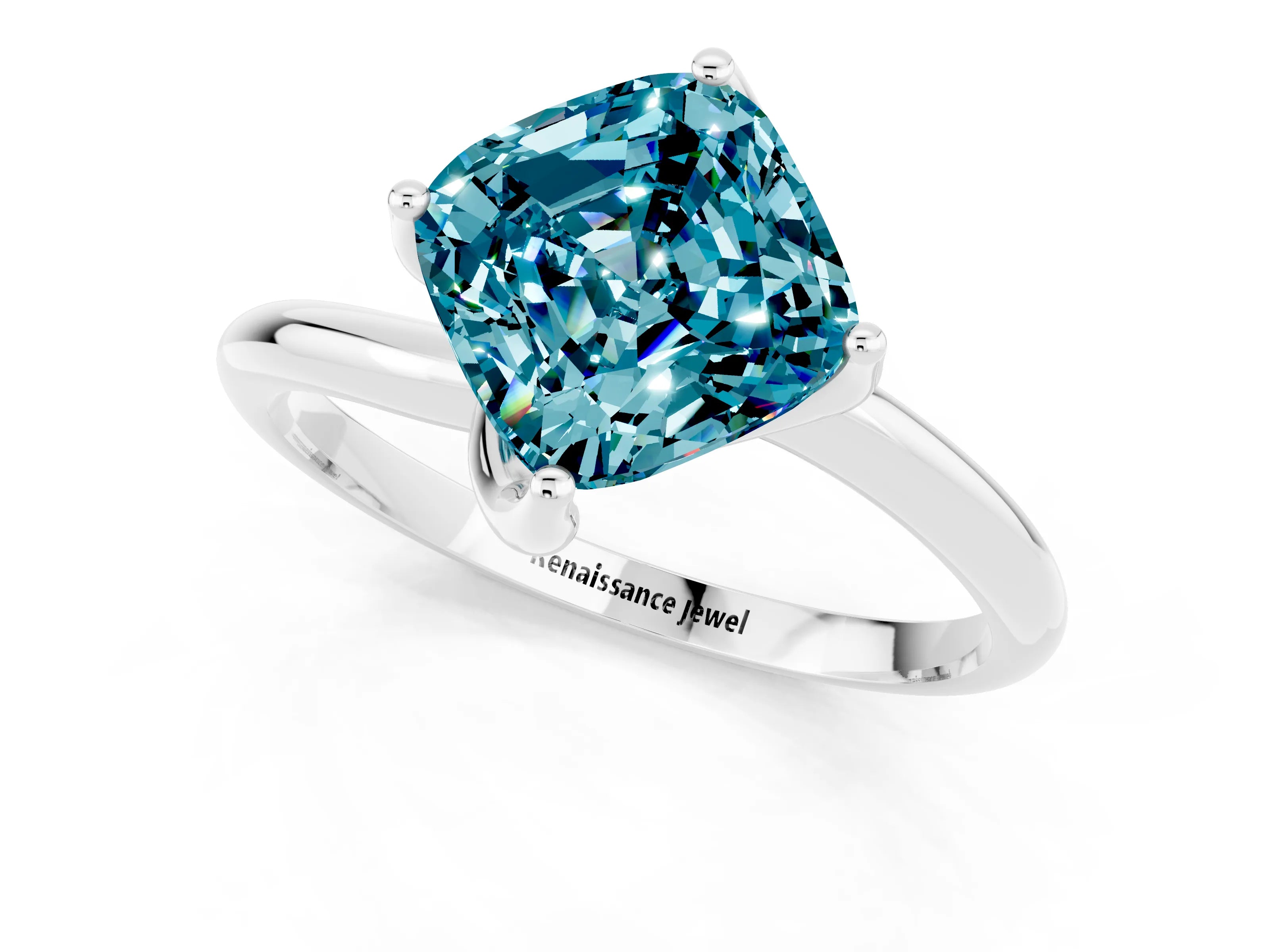 White gold Cushion Cut Blue Topaz Solitaire Engagement Ring with Four-Prong Setting and Classic Band_13