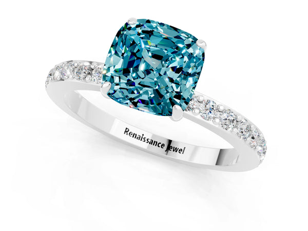 White gold Cushion Cut Blue Topaz Solitaire Engagement Ring with Pavé Band and Four-Prong Setting