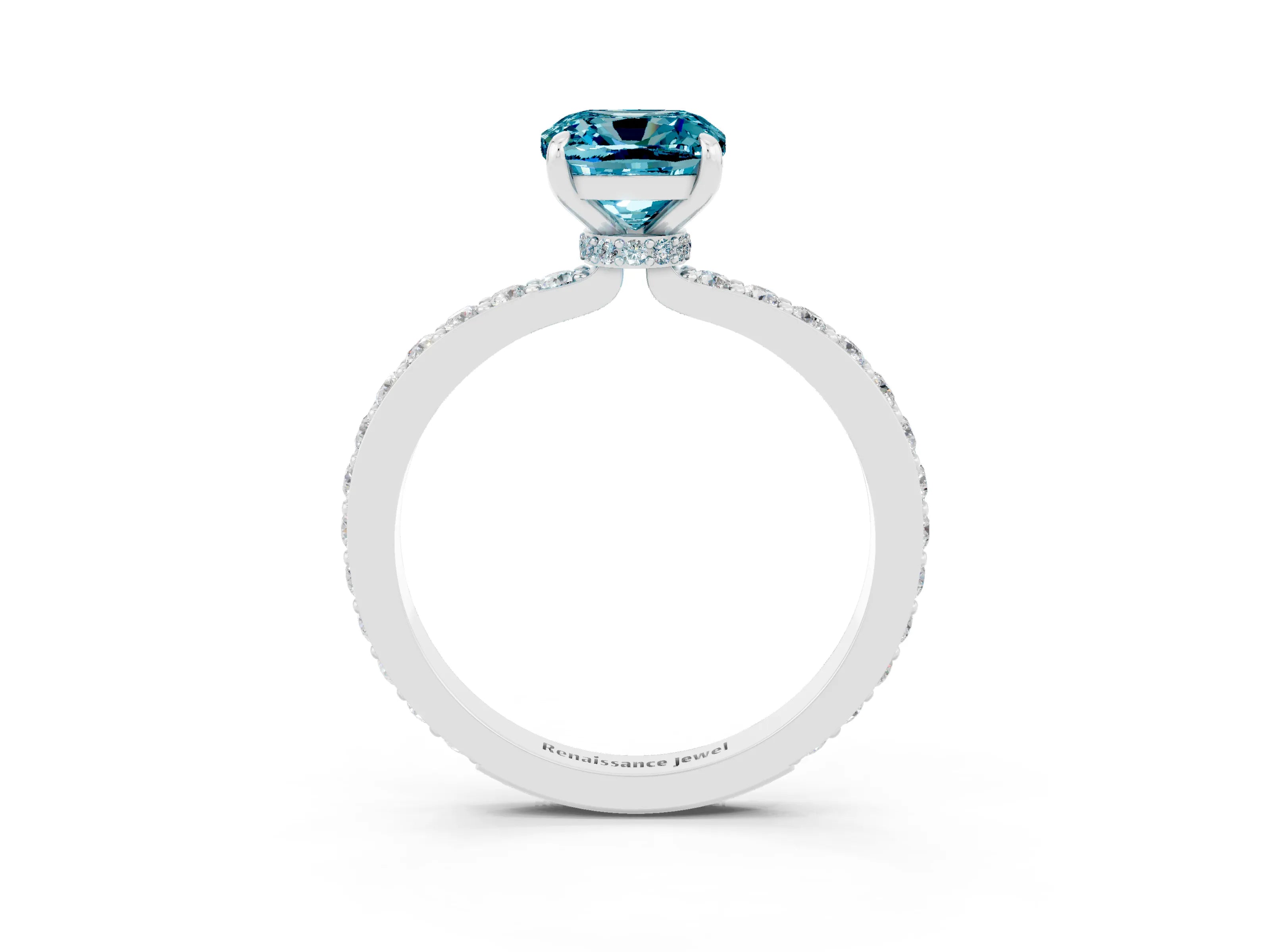 White gold Cushion Cut Blue Topaz Solitaire Engagement Ring with Pavé Band and Four-Prong Setting_3