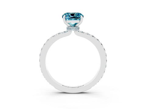 White gold Cushion Cut Blue Topaz Solitaire Engagement Ring with Pavé Band and Four-Prong Setting_3