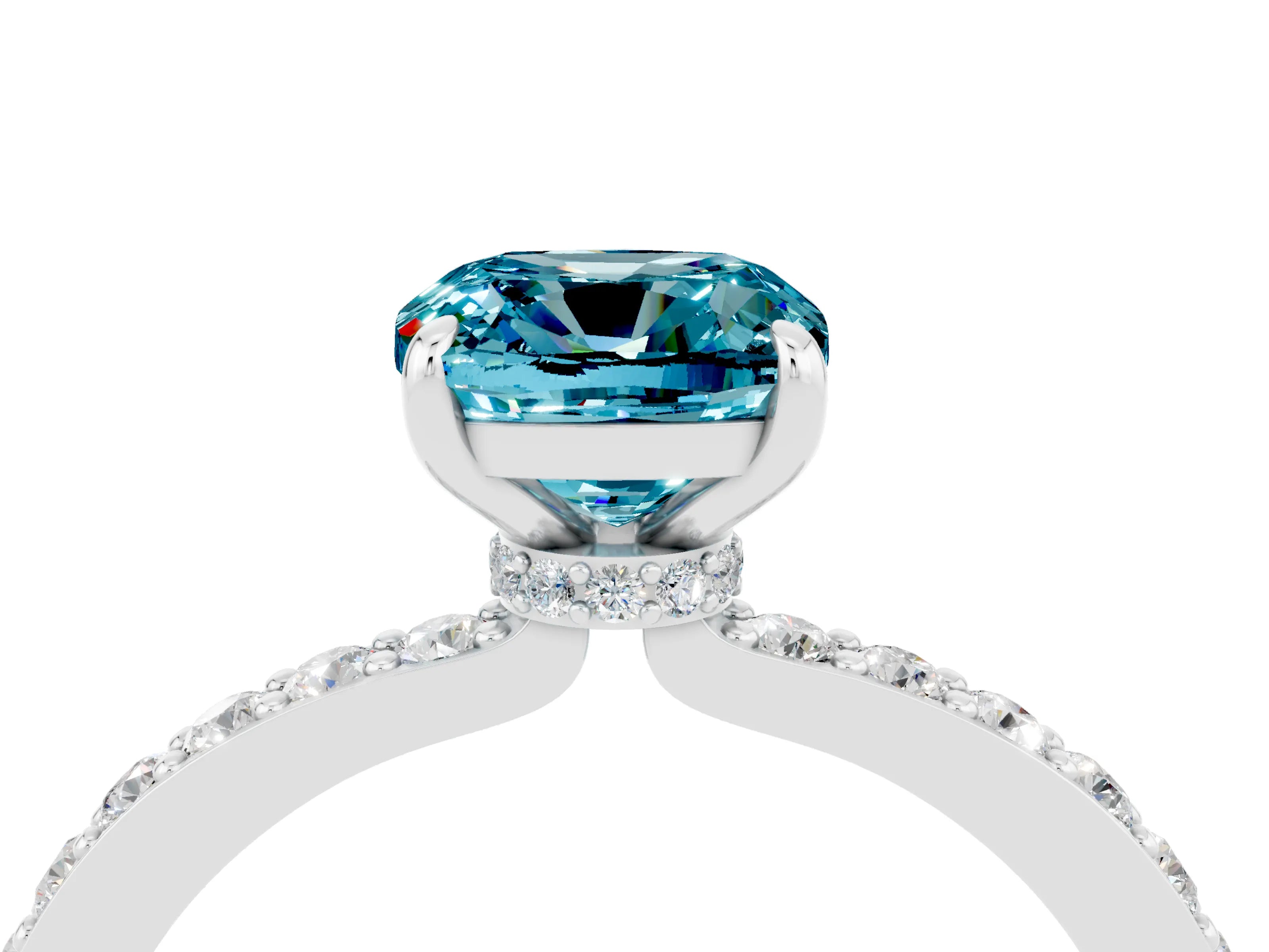 White gold Cushion Cut Blue Topaz Solitaire Engagement Ring with Pavé Band and Four-Prong Setting_4