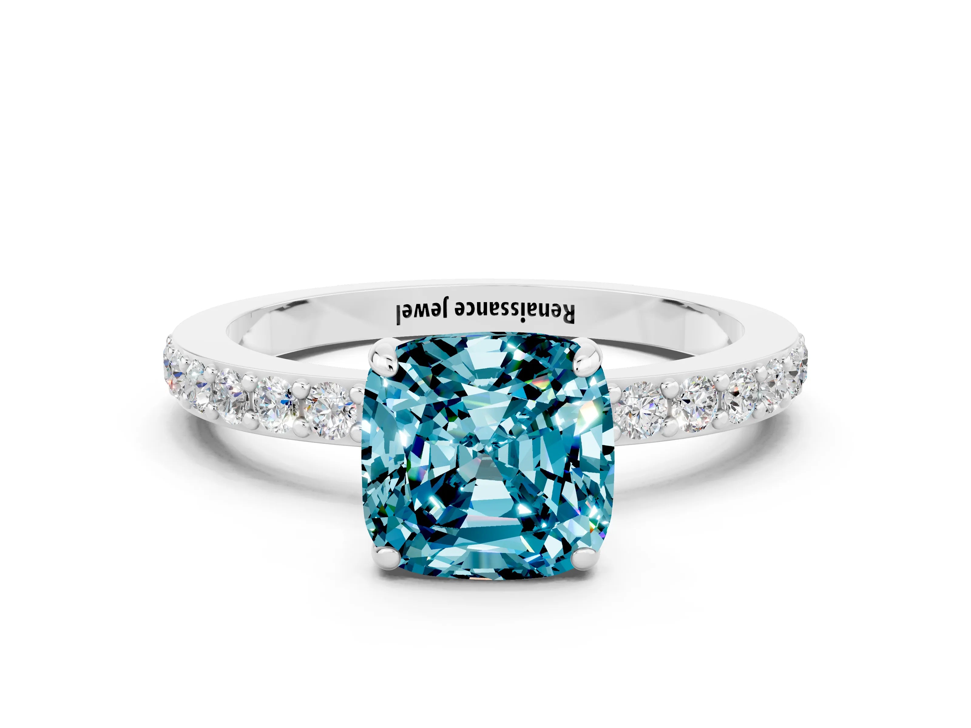 White gold Cushion Cut Blue Topaz Solitaire Engagement Ring with Pavé Band and Four-Prong Setting