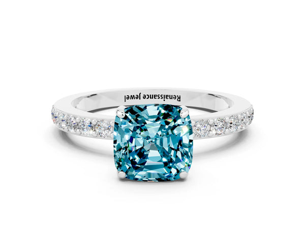 White gold Cushion Cut Blue Topaz Solitaire Engagement Ring with Pavé Band and Four-Prong Setting