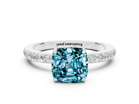 White gold Cushion Cut Blue Topaz Solitaire Engagement Ring with Pavé Band and Four-Prong Setting