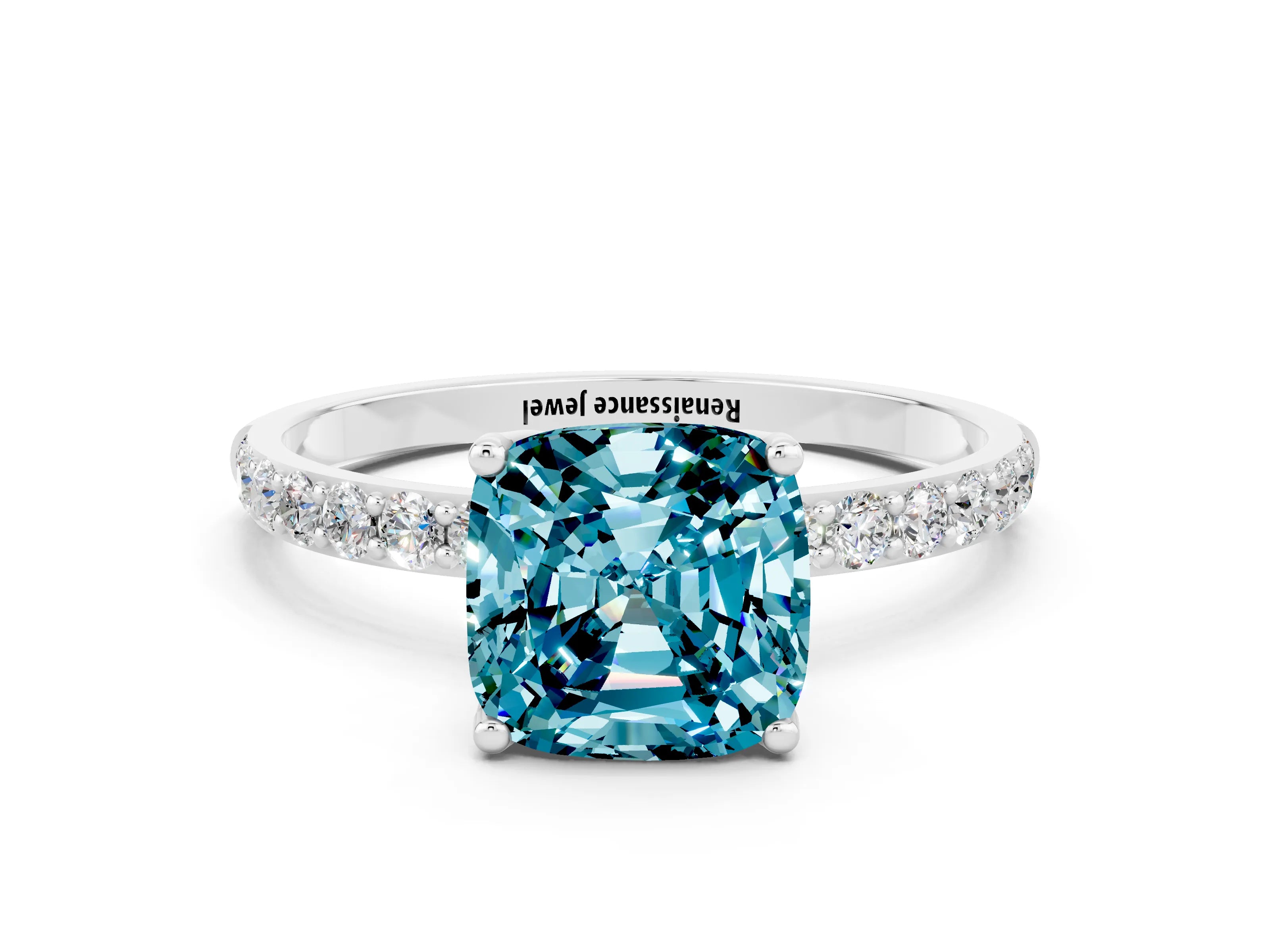 White gold Cushion Cut Blue Topaz Solitaire Engagement Ring with Pavé Band and Prong Setting
