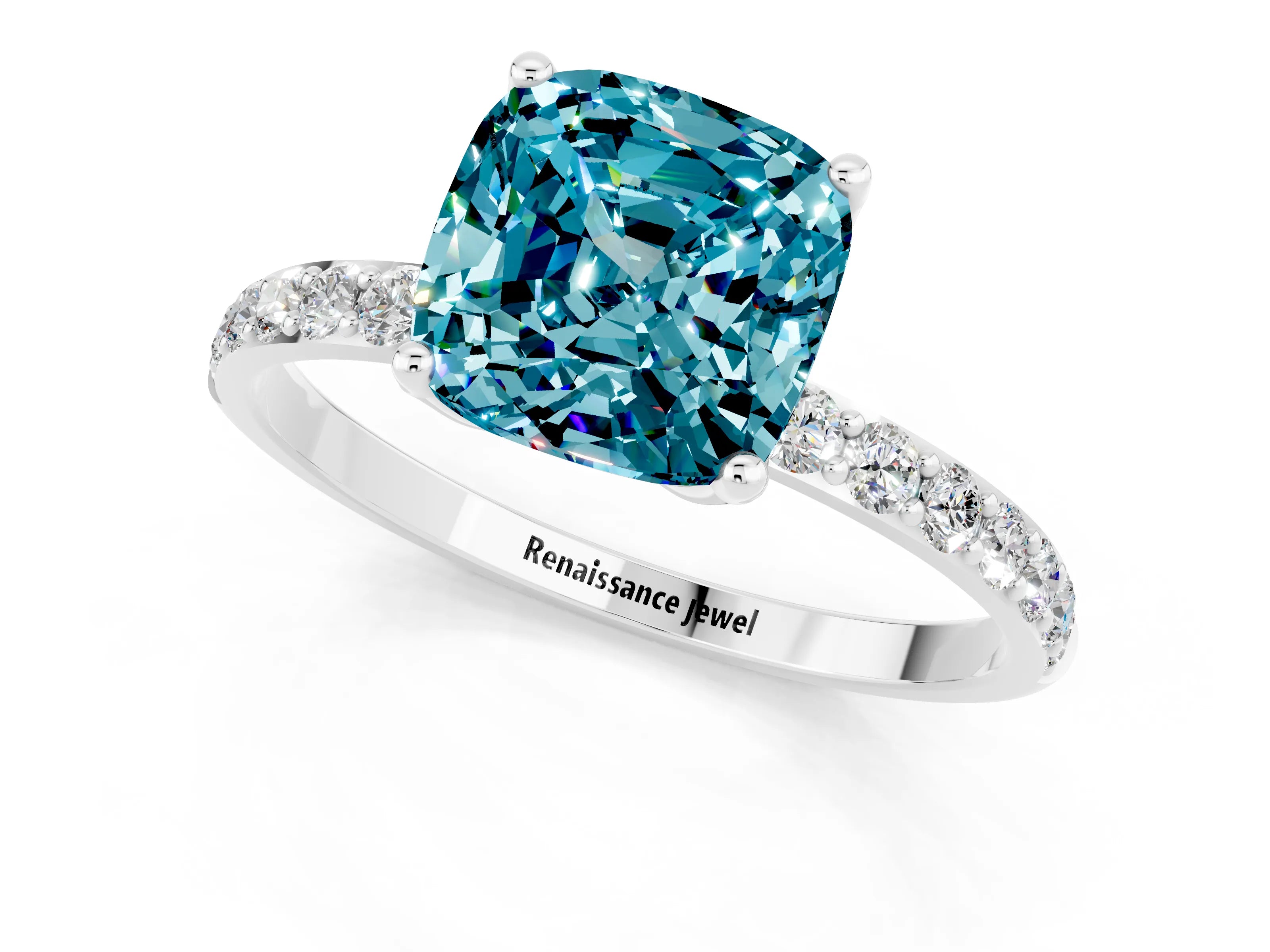 White gold Cushion Cut Blue Topaz Solitaire Engagement Ring with Pavé Band and Prong Setting_1