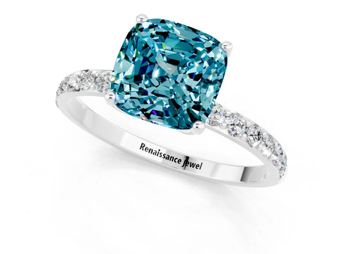 White gold Cushion Cut Blue Topaz Solitaire Engagement Ring with Pavé Band and Prong Setting_1