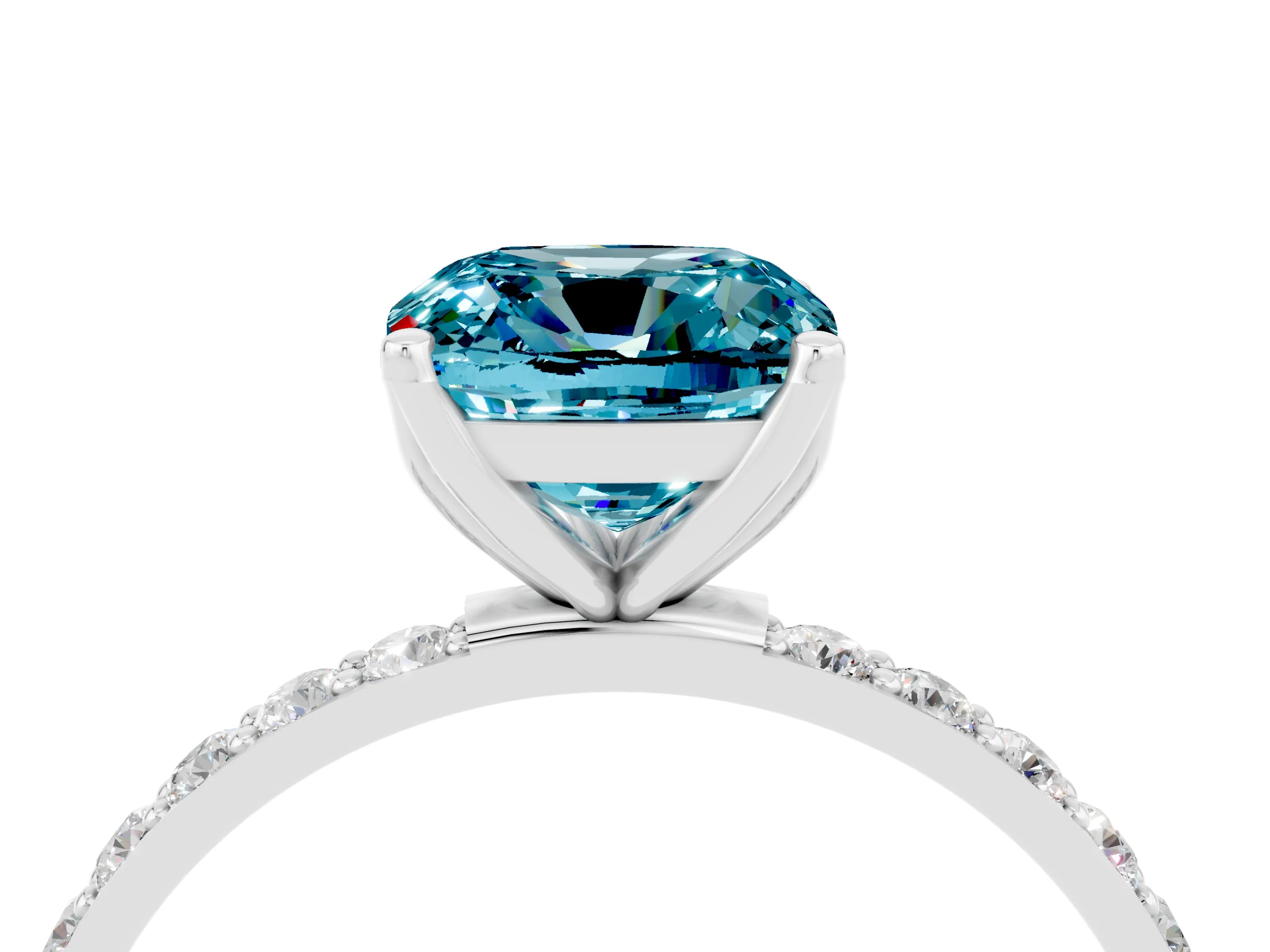 White gold Cushion Cut Blue Topaz Solitaire Engagement Ring with Pavé Band and Prong Setting_4