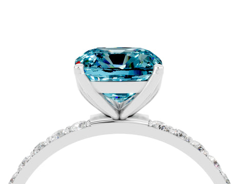 White gold Cushion Cut Blue Topaz Solitaire Engagement Ring with Pavé Band and Prong Setting_4