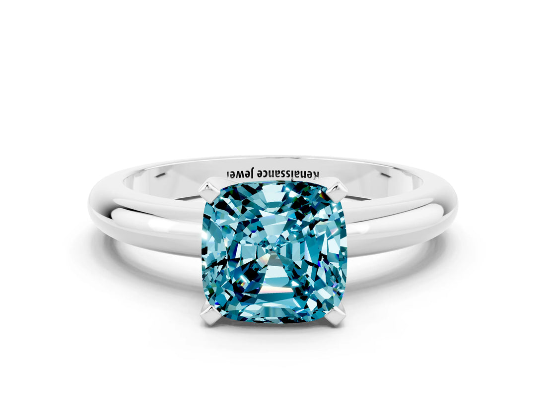 White gold Cushion Cut Blue Topaz Solitaire Engagement Ring with Round Band and Four-Prong Setting