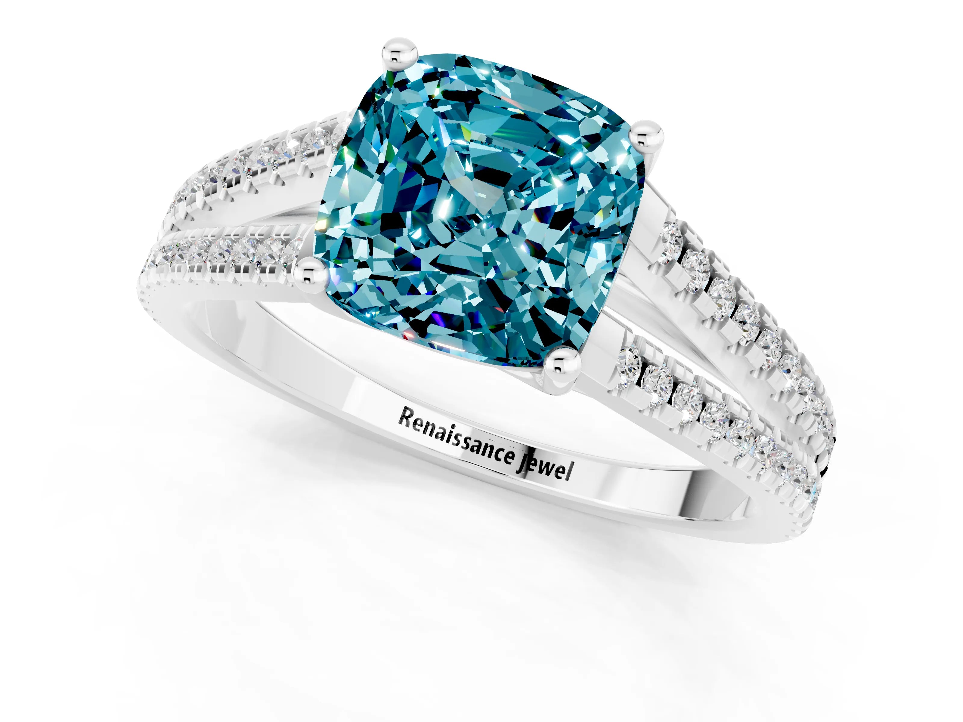 White gold Cushion Cut Blue Topaz Solitaire Engagement Ring with Split Shank Pavé Band_1