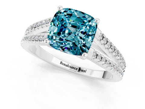 White gold Cushion Cut Blue Topaz Solitaire Engagement Ring with Split Shank Pavé Band_1