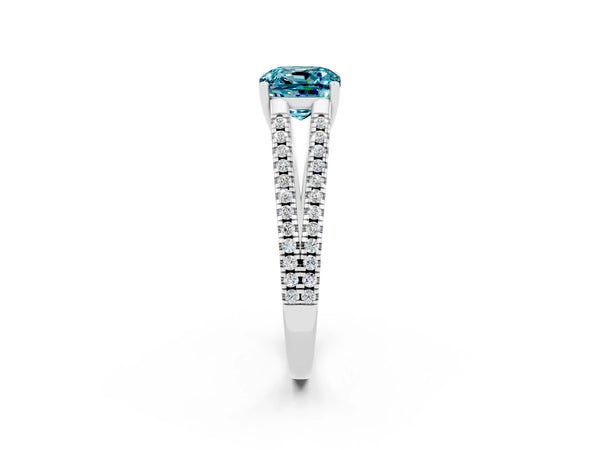 Platinum Cushion Cut Blue Topaz Solitaire Engagement Ring with Split Shank Pavé Band