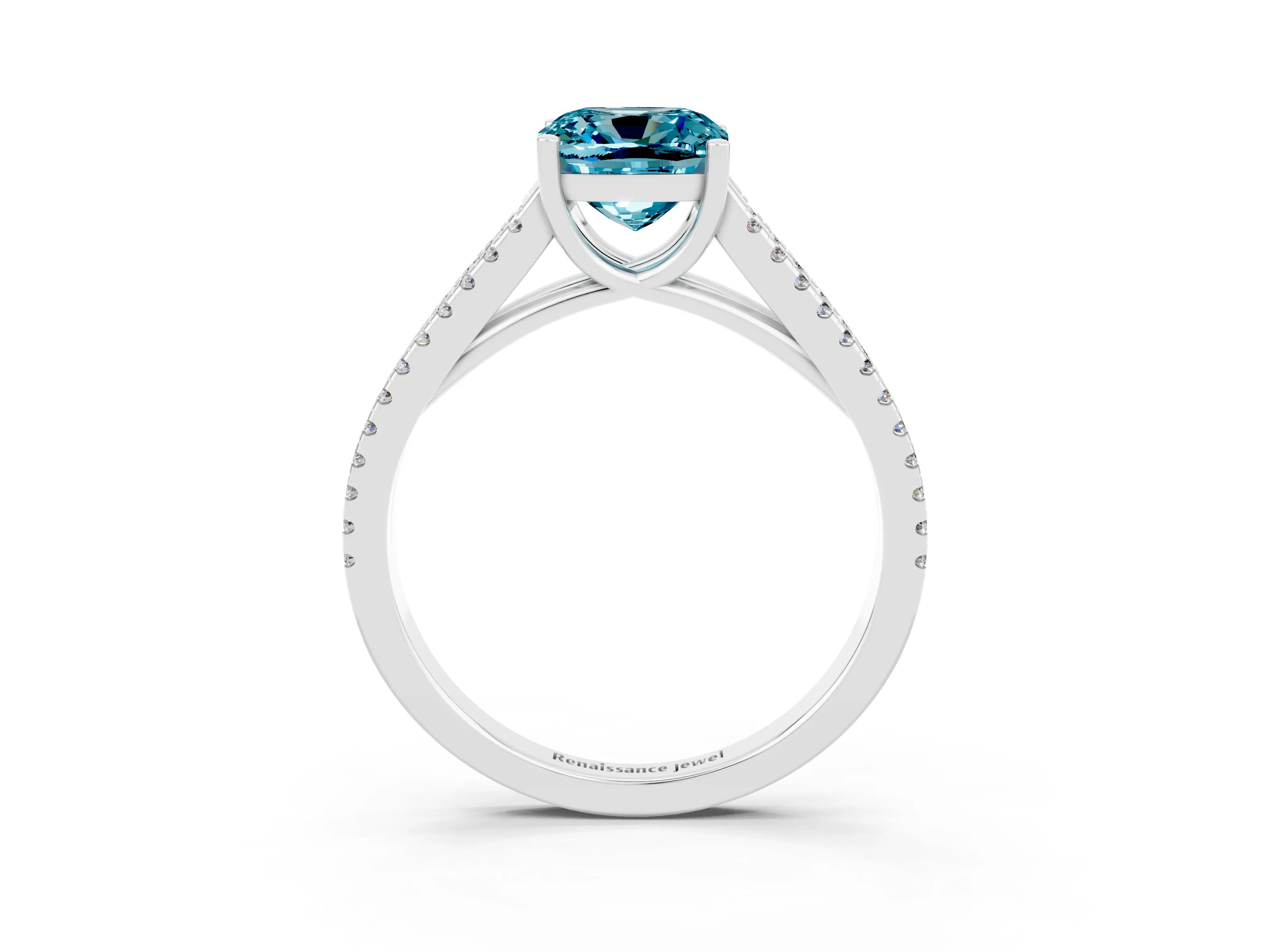 White gold Cushion Cut Blue Topaz Solitaire Engagement Ring with Split Shank Pavé Band_3