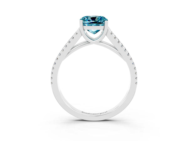 White gold Cushion Cut Blue Topaz Solitaire Engagement Ring with Split Shank Pavé Band