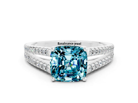 White gold Cushion Cut Blue Topaz Solitaire Engagement Ring with Split Shank Pavé Band