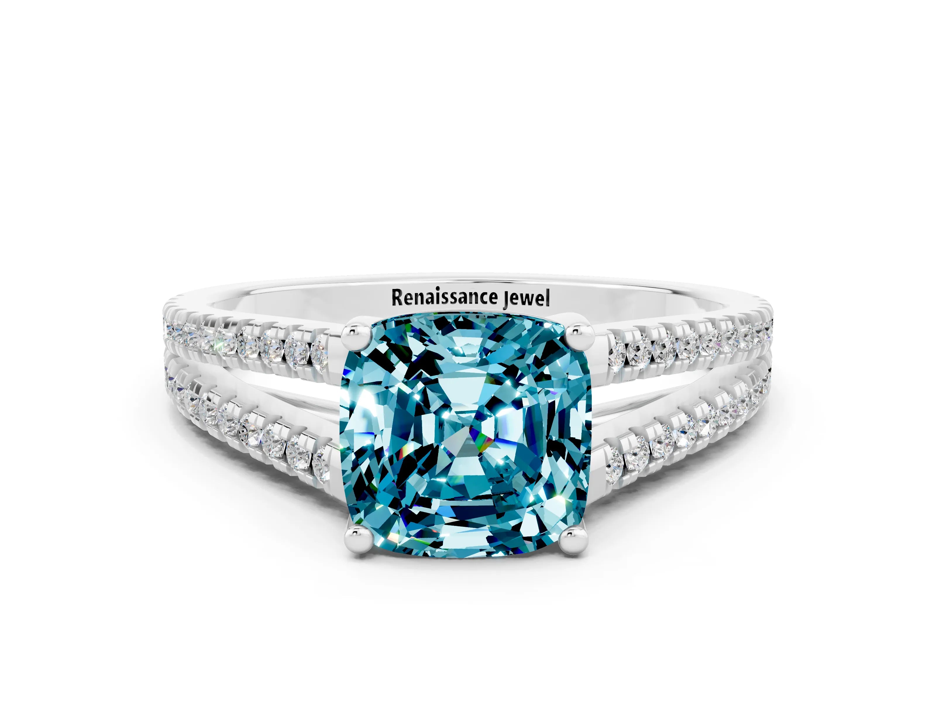 White gold Cushion Cut Blue Topaz Solitaire Engagement Ring with Split Shank Pavé Band