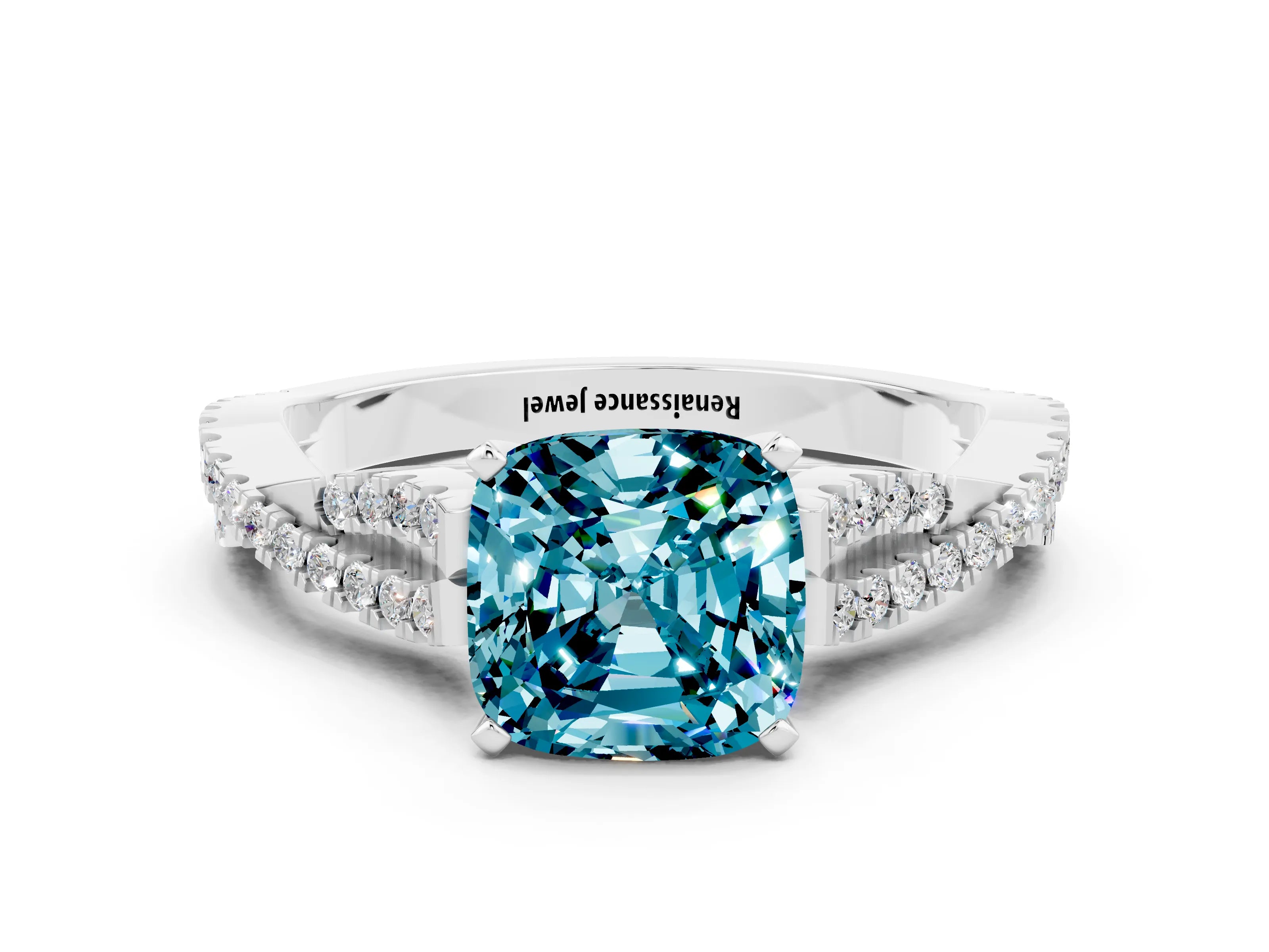 White gold Cushion Cut Blue Topaz Solitaire Engagement Ring with Twisted Pavé Band and Four-Prong Setting_12