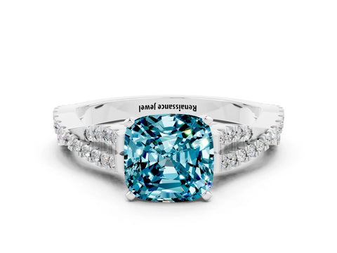 White gold Cushion Cut Blue Topaz Solitaire Engagement Ring with Twisted Pavé Band and Four-Prong Setting_12